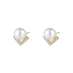 Elegant S925 silver pearl stud earrings with gold V-shaped crystal setting for women