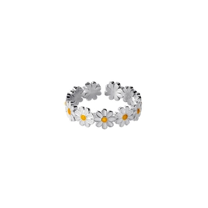 Adjustable S925 sterling silver daisy ring with white and yellow enamel finish