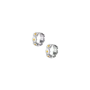 S925 silver daisy hoop earrings with white enamel flowers and yellow centers for women