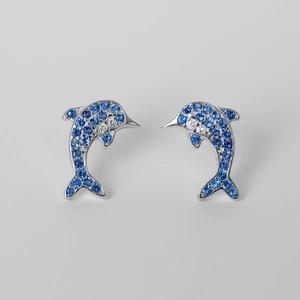 Dolphin Stud Earrings Copper Micro Pave Blue White Cubic Zirconia With 925 Sterling Silver Earring Post Animal Jewelry