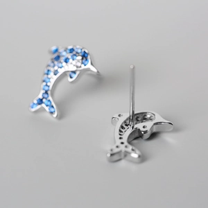 Elegant S925 silver dolphin stud earrings with gradient blue cubic zirconia stones