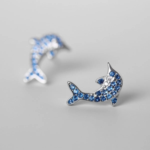 Elegant S925 silver dolphin stud earrings with blue and white shimmering cubic zirconia