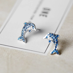 Sparkling S925 silver dolphin stud earrings with blue and white micro-set zircon crystals
