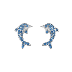 Sparkling S925 silver dolphin stud earrings with blue pave zircon stones for women