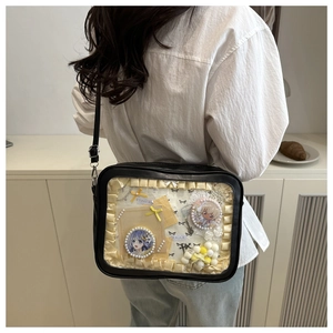 Detailansicht der schwarzen PU-Ita-Tasche mit transparentem PVC-Sichtfenster und Buttons