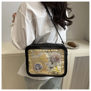 Detail of a black ita bag with a transparent window featuring anime badges and lace trim