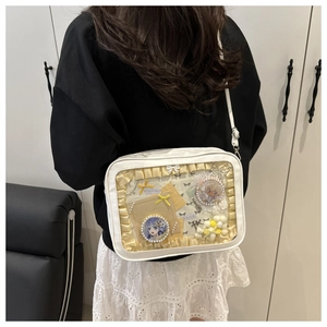 Close-up of white Ita bag featuring a transparent PVC window and yellow pleated trim