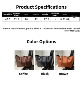 Tableau des tailles avec dimensions du grand sac fourre-tout en cuir PU et couleurs