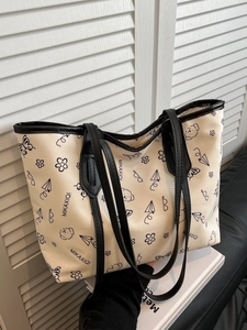 Women Tote Bag Large Capacity PU Leather Cartoon Doodle Print Shoulder Handbag Urban Casual Style With Rabbit Pendant