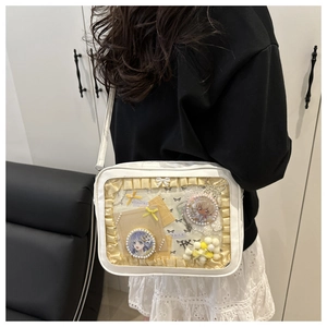Detailed view of white PU ita bag with transparent PVC window and lace ruffles