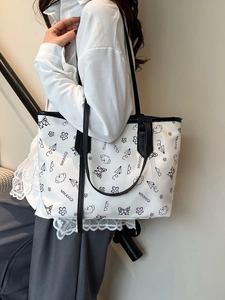 Large capacity canvas tote bag with butterfly graffiti prints and black shoulder straps