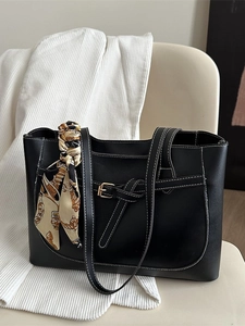 Women PU Leather Tote Bag With Satin Scarf Large Capacity Commuter Shoulder Handbag Contrast Stitching Fashionable
