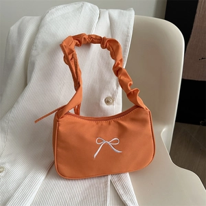 Borsa da Donna Stile Francese Fiocco Ricamato in PU Sotto l'Ascella Manico Increspato Tracolla Casual Tinta Unita Hobo