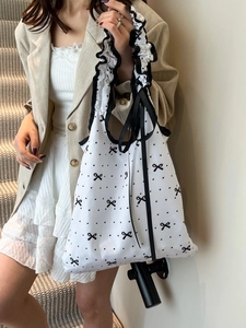 Floral ruffle canvas tote bag with polka dots and bow detail for casual summer outfit