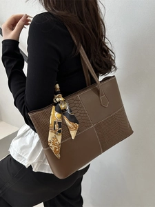 Retro crocodile pattern brown tote bag with silk scarf accessory for women