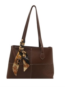Brown crocodile pattern tote bag with silk scarf decoration and shoulder strap
