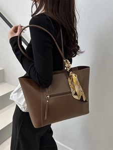 Classic brown leather tote bag for women with decorative silk scarf and large capacity