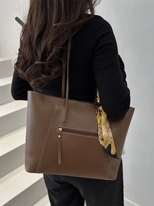 Retro brown large capacity tote bag with decorative silk scarf and stitching details