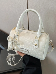 Women Boston Bag PU Leather Snake Skin Texture Artificial Pearl Bow Charm Top Handle Crossbody Handbag Korean Style Stylish