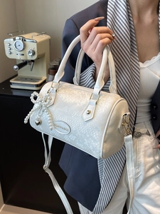 White snake pattern Boston bag with pearl bow charm and detachable shoulder strap