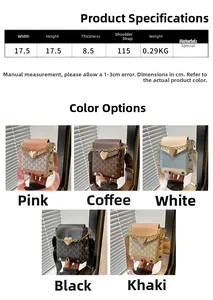 Infografía de cinco bolsos bandolera vintage con estampado M y hebilla de corazón