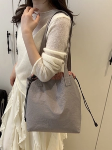 Minimalist large capacity lavender grey canvas tote bag with pink drawstring closure
