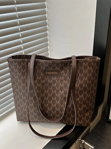 Large Capacity Tote Bag For Women PU Leather Monogram Letter Print Retro Trendy Commuting Shoulder Handbag