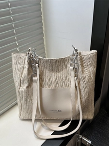 Große Kapazität Stroh Gewebte Tragetasche Für Damen Mit Kontrast PU-Leder Tasche Metallkette Riemen Mode Sommer Strand Handtasche