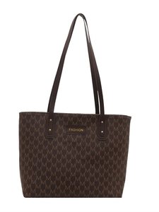 Brown large capacity tote bag with letter print and gold fashion metal plaque