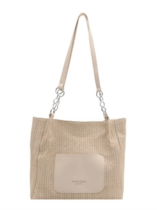 Beige Stroh-Shopper mit PU-Ledertasche und Schultergurten aus Metall und Leder