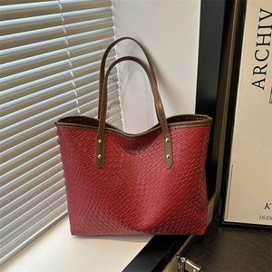 Sac Cabas Tissé Vintage pour Femmes en Cuir PU Grande Capacité Sac à Épaule Simple Minimaliste Couleur Unie Sac à Main