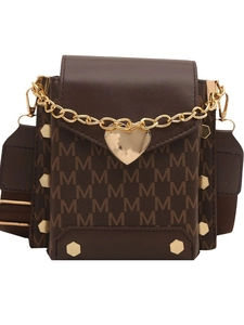 Brown crossbody phone bag with M-letter print, golden heart pendant and wide strap