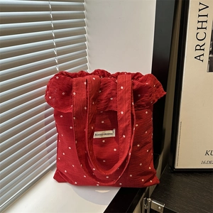 Women Fresh Sweet Floral Tote Bag Large Capacity Seersucker Fabric Shoulder Bag With Ruffle Edge For School Daily Commute