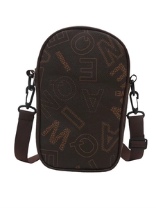 Brown faux leather crossbody phone bag with trendy all-over letter print and strap