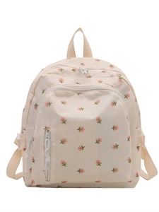 Floral print school backpack for girls with front pockets and cream-colored nylon finish