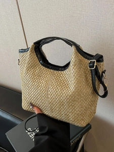 Women Straw Bucket Bag Woven Tote Summer Beach Handbag Shoulder Crossbody With PU Leather Trim Adjustable Strap