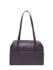 Minimalist deep burgundy tote bag with long handles and front pocket on white background