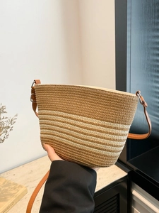 Sac À Bandoulière En Paille Tissée Pour Femmes Rayé Été Plage Vacances Seau Fermeture Éclair Décontracté Boho