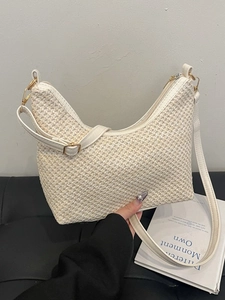 Women Straw Woven Hobo Underarm Bag Handmade Casual Summer Vacation Retro Crescent Shoulder Purse With PU Leather Trim