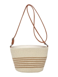 Sac seau en paille à rayures brunes et bandoulière réglable pour vacances à la mer