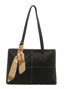 Black large capacity tote bag with checkerboard panel, contrast stitching and silk scarf