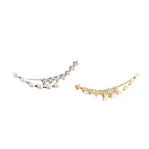 Elegant curved pearl and rhinestone ear cuffs in gold and silver finish, pair of two