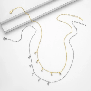 Detail of gold and silver S925 sterling silver necklaces with triangle zircon pendants