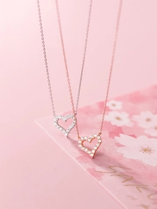 Elegant S925 silver and rose gold heart necklaces with zircon pavé on sakura card