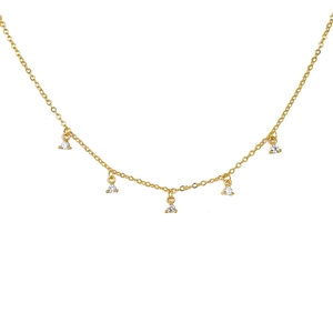 Minimalist gold necklace with five V-shaped triangular zircon pendants on a fine chain