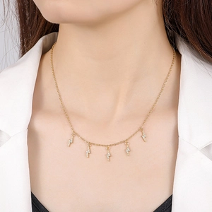 Elegant gold S925 silver lightning bolt tassel necklace with sparkling CZ stones for women