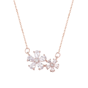 Elegant rose gold cherry blossom necklace with pear-cut rhinestone double flower pendants
