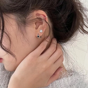 S925 sterling silver vintage black heart hoop earrings and floral studs set for women