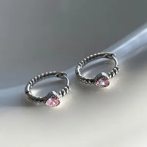 Heart Shaped Pink Zircon Hoop Earrings Copper Twisted Rope Texture Sweet Jewelry For Women