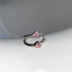 Pink heart-shaped zircon hoop earrings with twisted silver-tone metal design for women